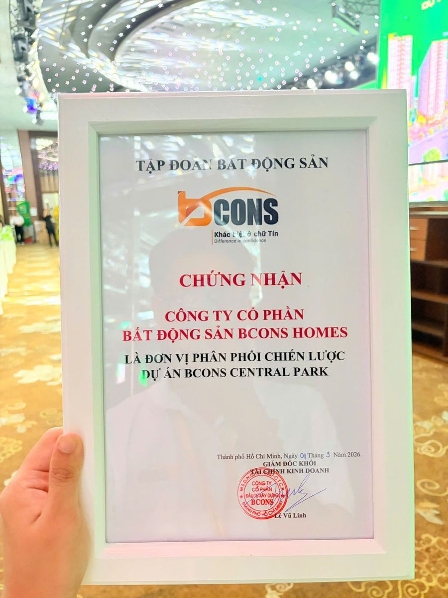 Giấy chứng nhận Bcons Homes là đơn vị phân phối chiến lược Bcons Central Park